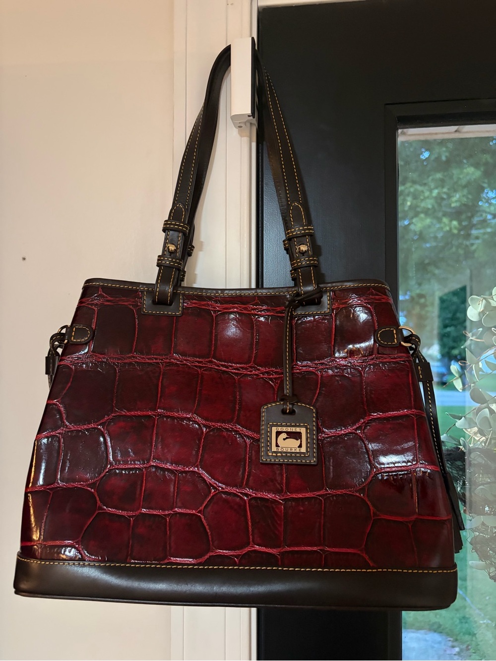Dooney & Bourke Burgundy Croc-Embossed Leather Shoulder Bag with Brown Trim